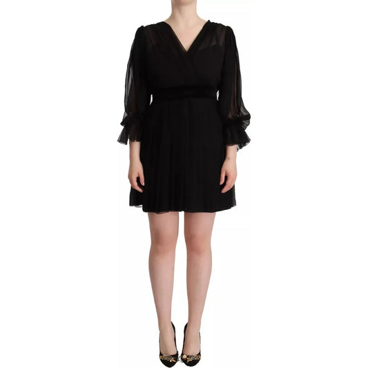 Dolce & Gabbana Black V-neck Long Sleeves Mini A-line Dress