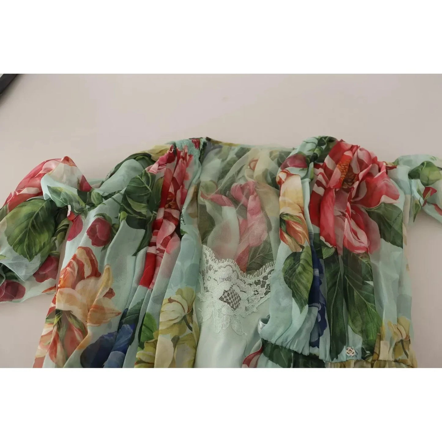 Dolce & Gabbana Green Floral Long Sleeve V-neck Midi Dress