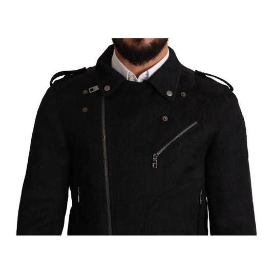 Dolce & Gabbana Black Brocade Full Zip Biker Coat Jacket Dolce & Gabbana Black