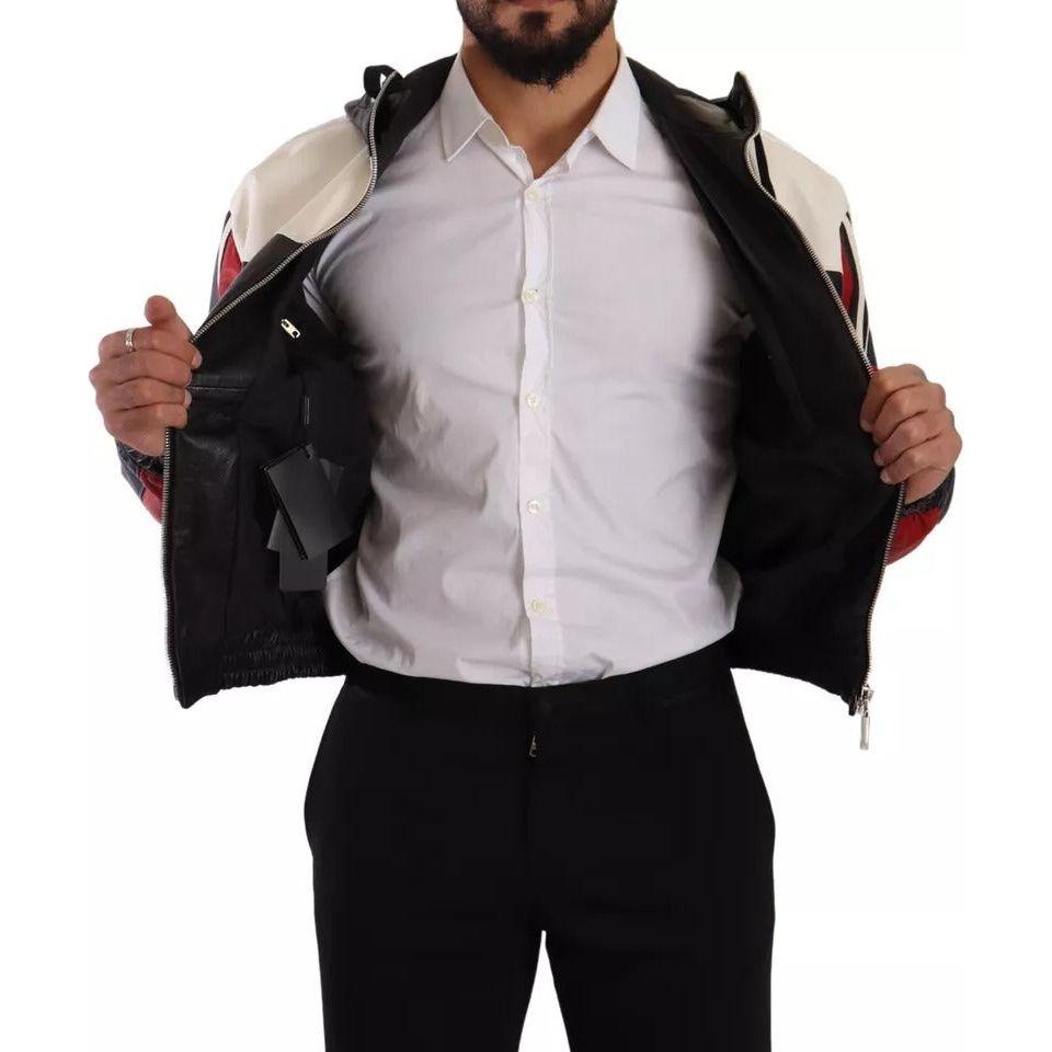 جاكيت بلوزون بغطاء رأس من الجلد الأسود من دولتشي آند غابانا