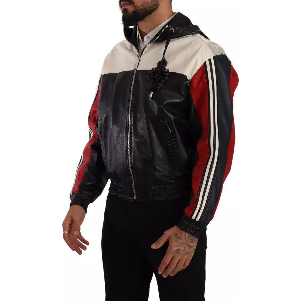 جاكيت بلوزون بغطاء رأس من الجلد الأسود من دولتشي آند غابانا