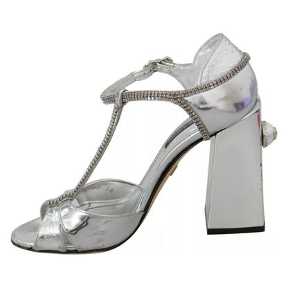 Dolce & Gabbana Silver Crystals T-strap Sandals Leather Shoes