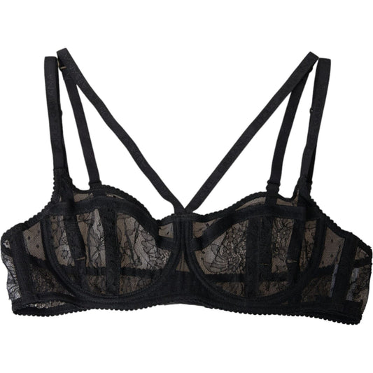 Dolce & Gabbana Black Floral Lace Nylon Balconcino Bra Underwear Dolce & Gabbana Black