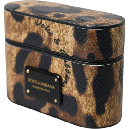 Dolce & Gabbana Brown Leopard Calf Leather Metal Logo Plaque Airpods Case