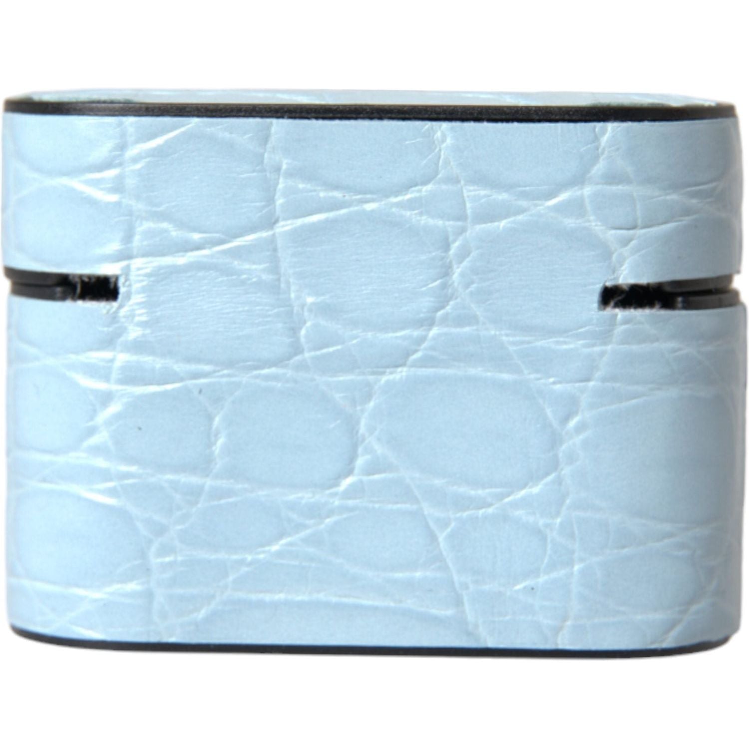 حافظة سماعات Airpods من Dolce &amp; Gabbana مصنوعة من الجلد باللون الأزرق الفاتح ومزينة بشعار معدني