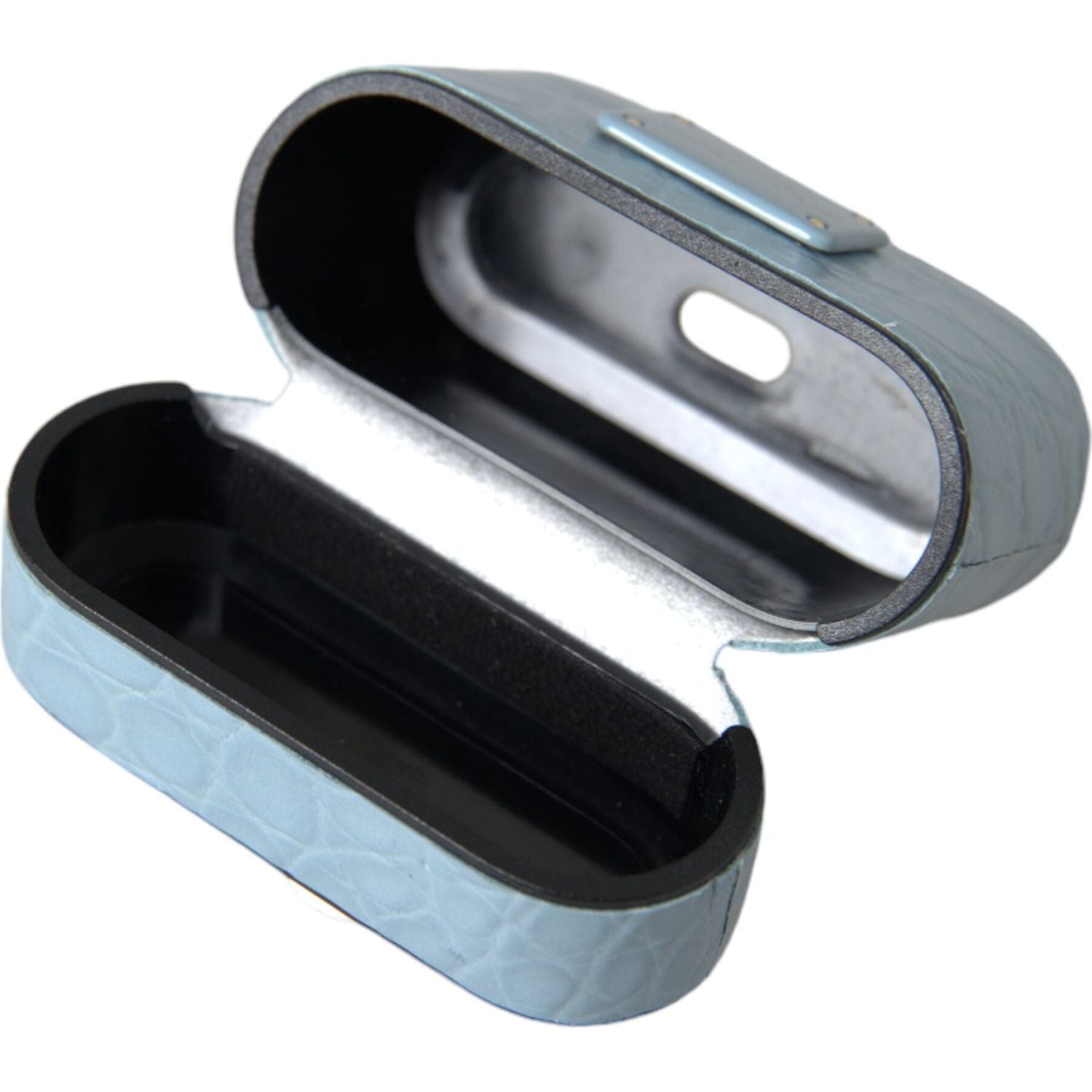 حافظة سماعات Airpods من Dolce &amp; Gabbana مصنوعة من الجلد باللون الأزرق الفاتح ومزينة بشعار معدني