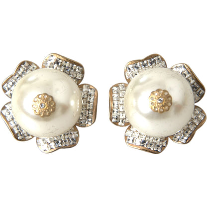 Dolce & Gabbana Gold Tone Maxi Faux Pearl Floral Clip-on Jewelry Earrings