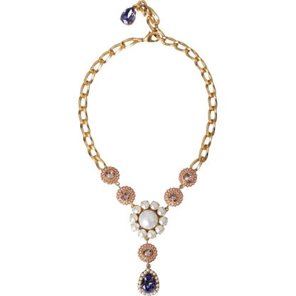 Dolce & Gabbana Gold Brass Crystal Purple Pink Pearl Pendants Necklace