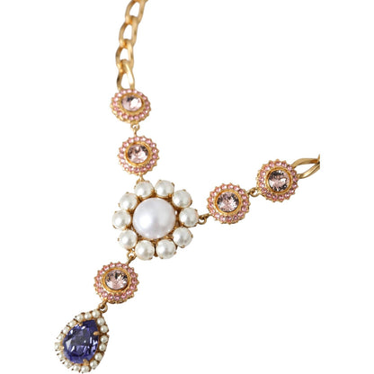 Dolce & Gabbana Gold Brass Crystal Purple Pink Pearl Pendants Necklace