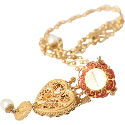 Dolce & Gabbana Gold BrassChain Sacred Heart Rose Crystal Charm Necklace