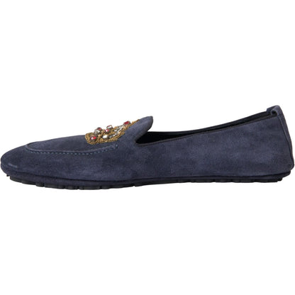 Dolce & Gabbana Blue Leather Suede Crystal Crown Loafers Shoes