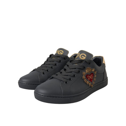 Dolce & Gabbana Black Leather Heart Embellished Sneakers Shoes