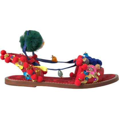Dolce & Gabbana Multicolor Pom Pom Fur Wrap Sandals Shoes