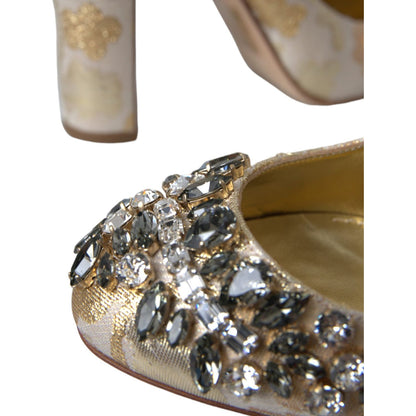 Dolce & Gabbana Gold Jacquard Crystal Mary Janes Pumps Shoes