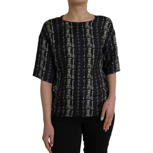 Dolce & Gabbana Black Key Castle Print Silk Blouse T-shirt Dolce & Gabbana Black