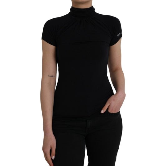 Costume National Black Turtleneck Viscose Short Sleeve Top Costume National Rosy Brown