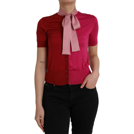 Dolce & Gabbana Pink Short Sleeves Pullover Ascot Collar Top Dolce & Gabbana Brown