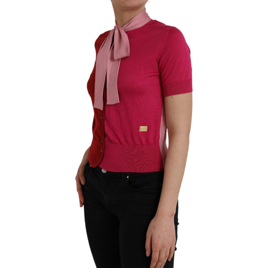 Dolce & Gabbana Pink Short Sleeves Pullover Ascot Collar Top Dolce & Gabbana Brown