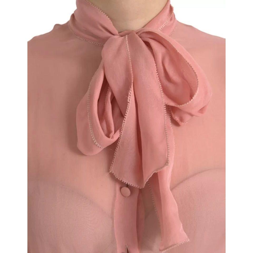 Dolce & Gabbana Pink Long Sleeves Ascot Collar Top Blouse Dolce & Gabbana Rosy Brown