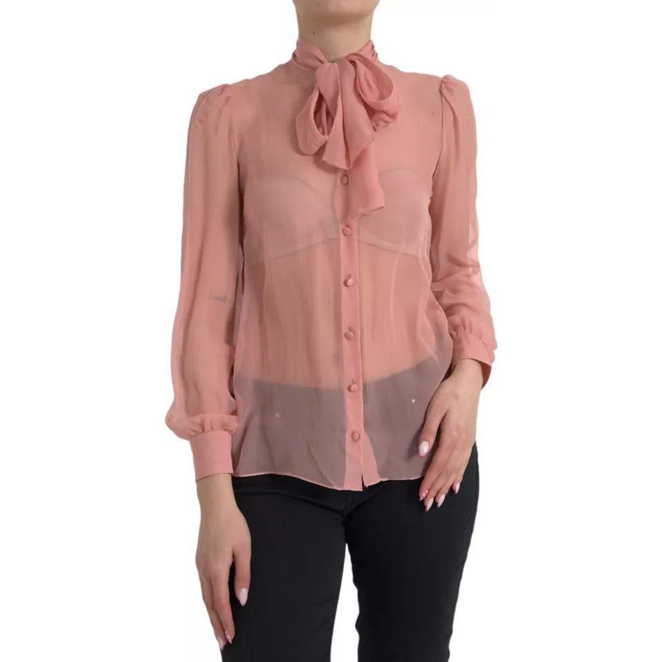 Dolce & Gabbana Pink Long Sleeves Ascot Collar Top Blouse Dolce & Gabbana Rosy Brown