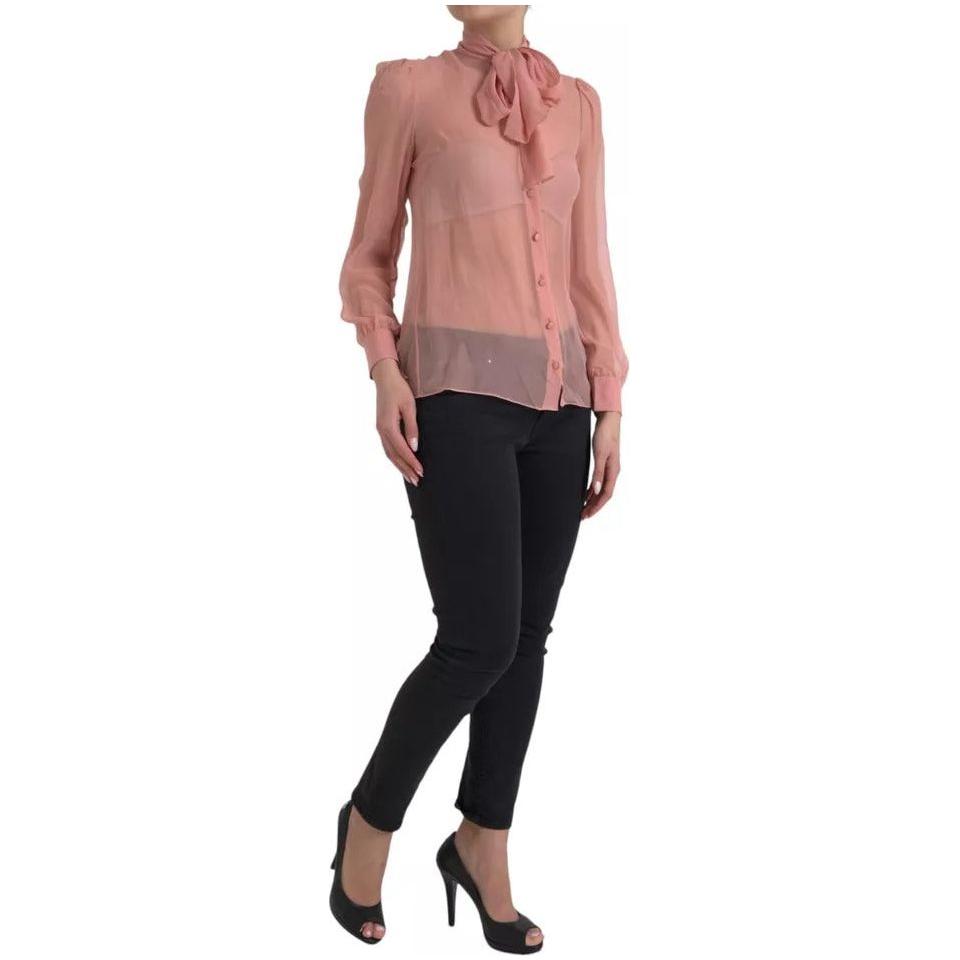 Dolce & Gabbana Pink Long Sleeves Ascot Collar Top Blouse Dolce & Gabbana Rosy Brown