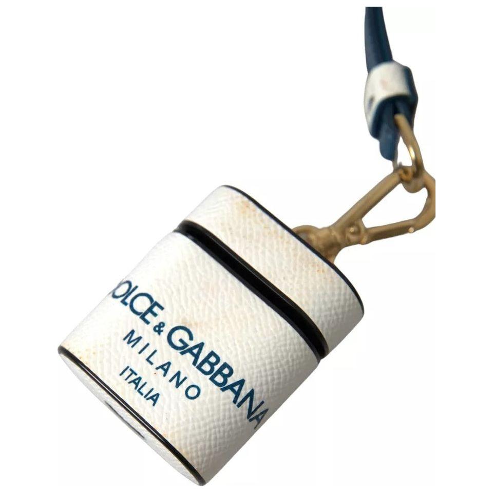 Dolce & Gabbana White Blue Calf Leather Logo Print Strap Airpods Case
