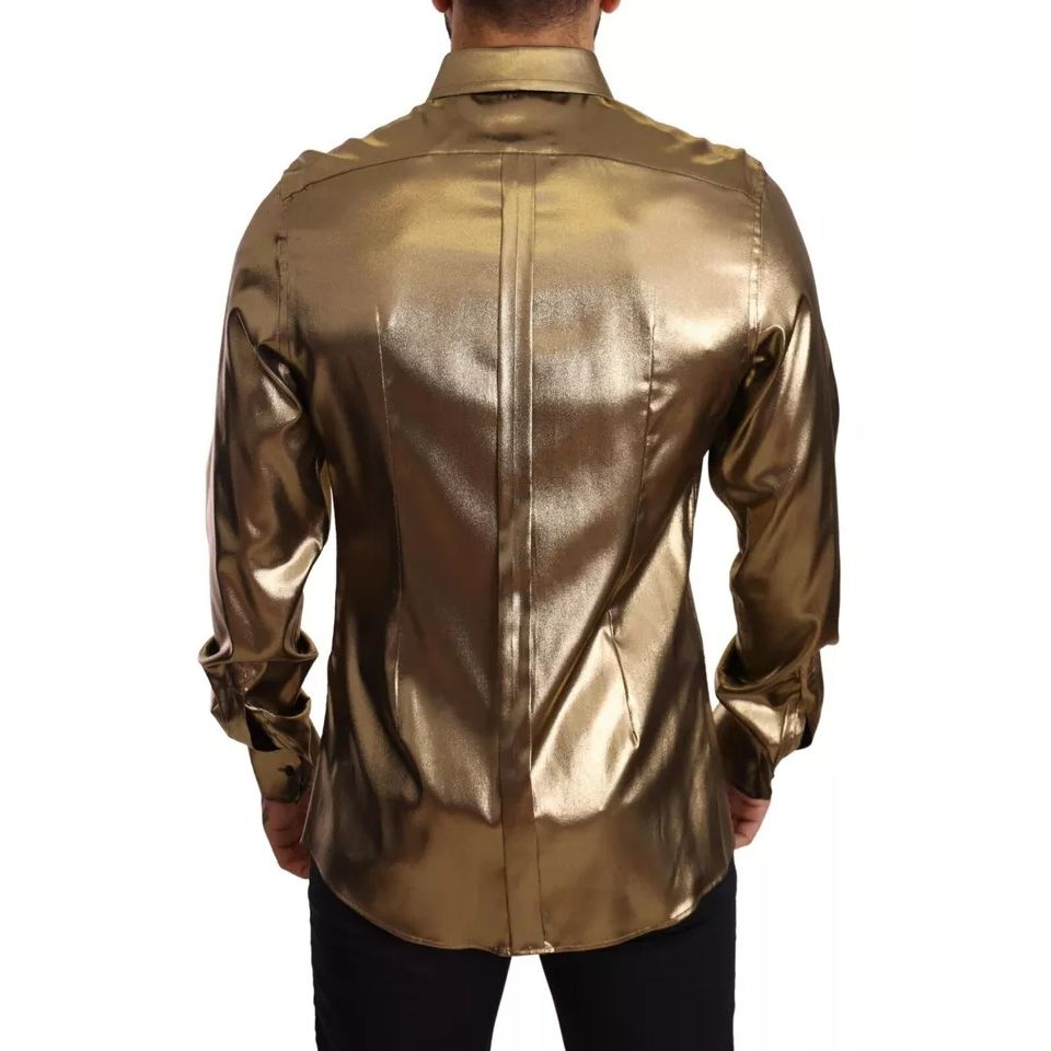 Dolce & Gabbana Metallic Gold DG Embroidered Crown Silk Top Shirt
