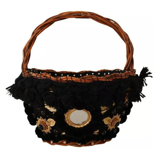Dolce & Gabbana Black Beige Straw Basket Tote Pom Pom Crystals Bag Dolce & Gabbana Rosy Brown