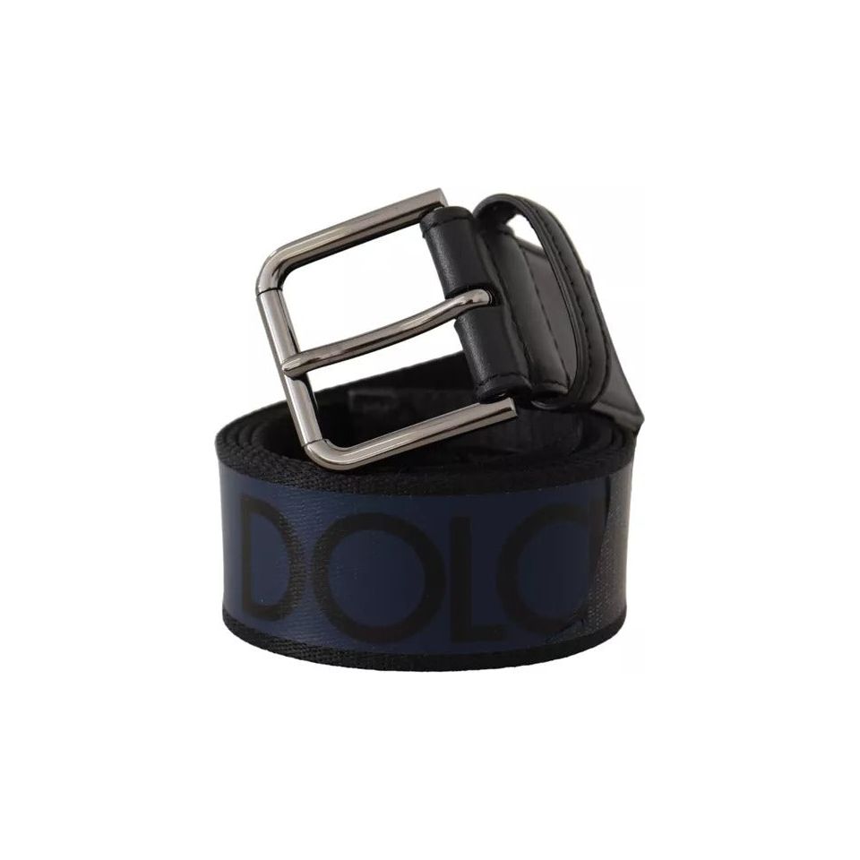 Dolce & Gabbana Blue Black Logo Print Silver Buckle Belt