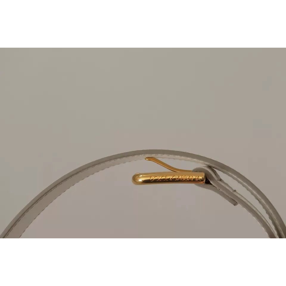 Dolce & Gabbana White Leather Gold Logo Engraved Metal Buckle Belt