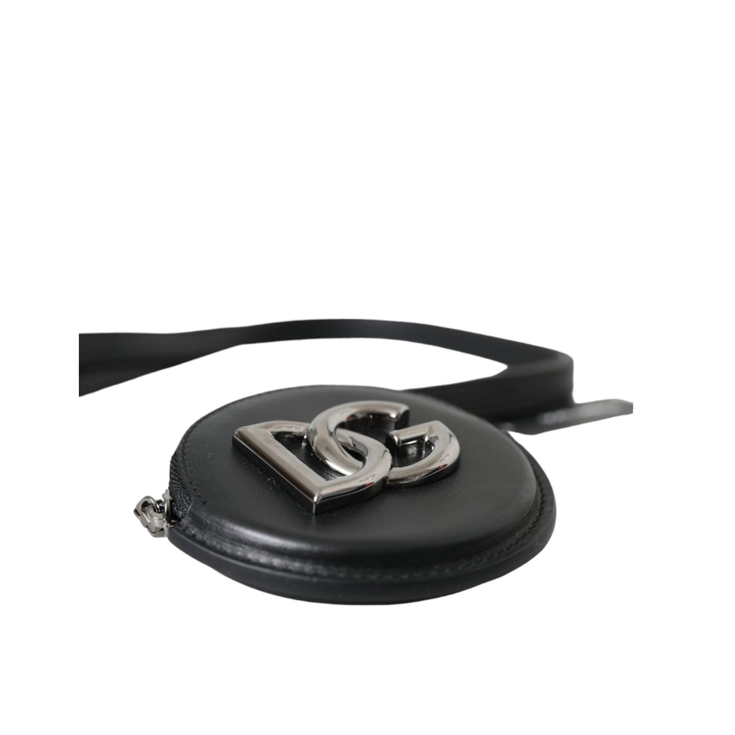 Dolce & Gabbana Black Round Leather DG Logo Coin Purse Lanyard Wallet