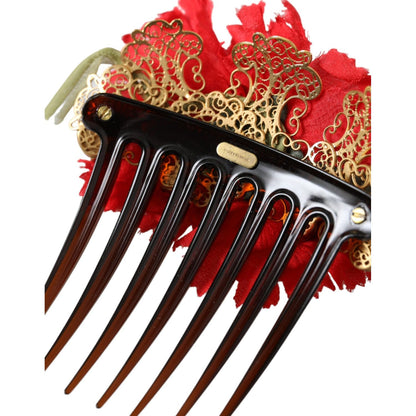 Dolce & Gabbana Red Silk Floral Gold Brass Women Hair Comb FASHION ACCESSORIES