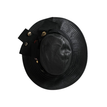 Dolce & Gabbana Black Leather DG Coin Crystal Wide Brim Hat