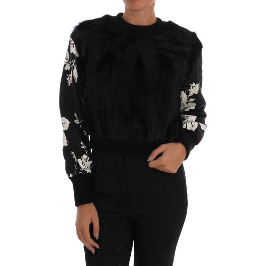 Dolce & Gabbana Floral Brocade Black Fur Sweater Dolce & Gabbana Black
