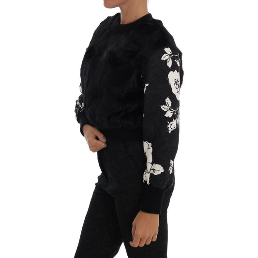 Dolce & Gabbana Floral Brocade Black Fur Sweater Dolce & Gabbana Black