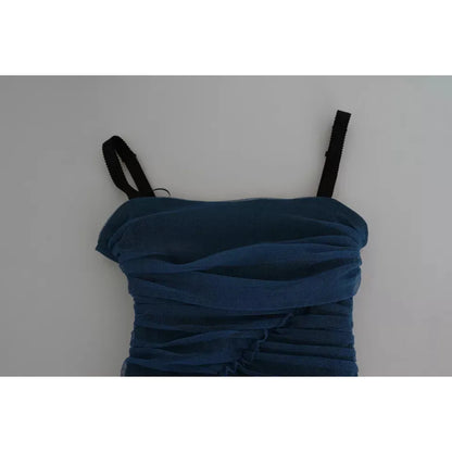 Dolce & Gabbana Blue Draped Tulle Midi Sheath Cotton Dress