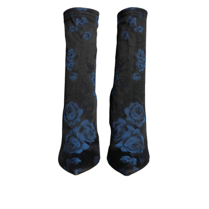 Dolce & Gabbana Black Floral Stretch Mid Calf Boots Shoes