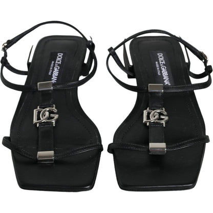 Dolce & Gabbana Black Leather Logo Ankle Strap Keira Sandals Shoes