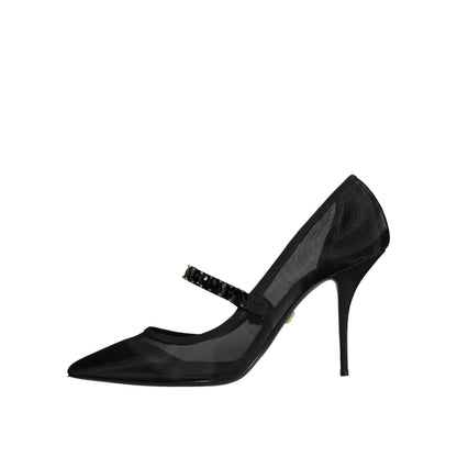 Dolce & Gabbana Black Mesh Mary Jane Crystal Heel Pumps Shoes