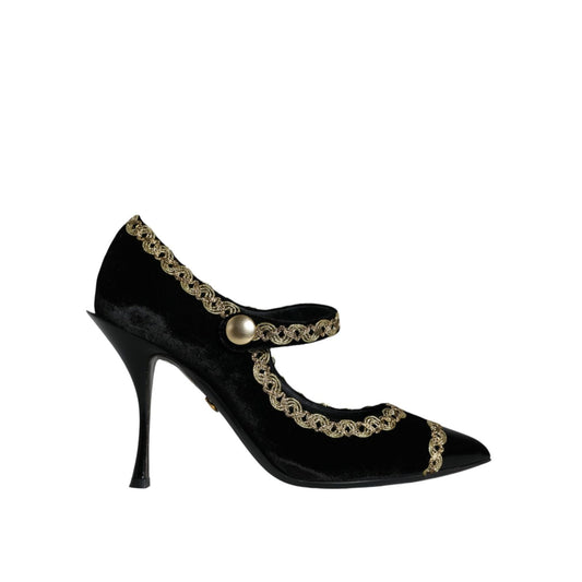 Dolce & Gabbana Black Mary Janes Velvet Gold Pumps Shoes