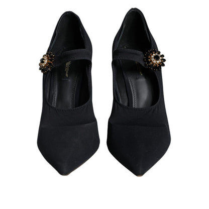Dolce & Gabbana Black Mary Jane Jersey Crystal Pumps Shoes
