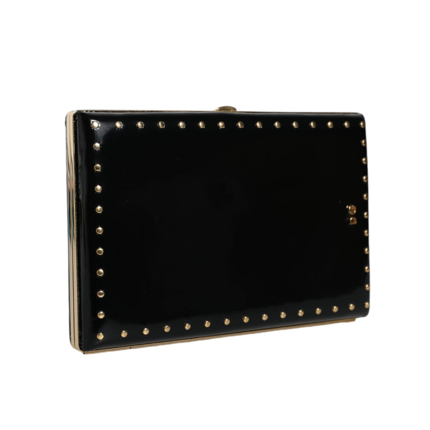 Dolce & Gabbana Black Leather Studs Gold Frame Clutch Evening Purse Bag