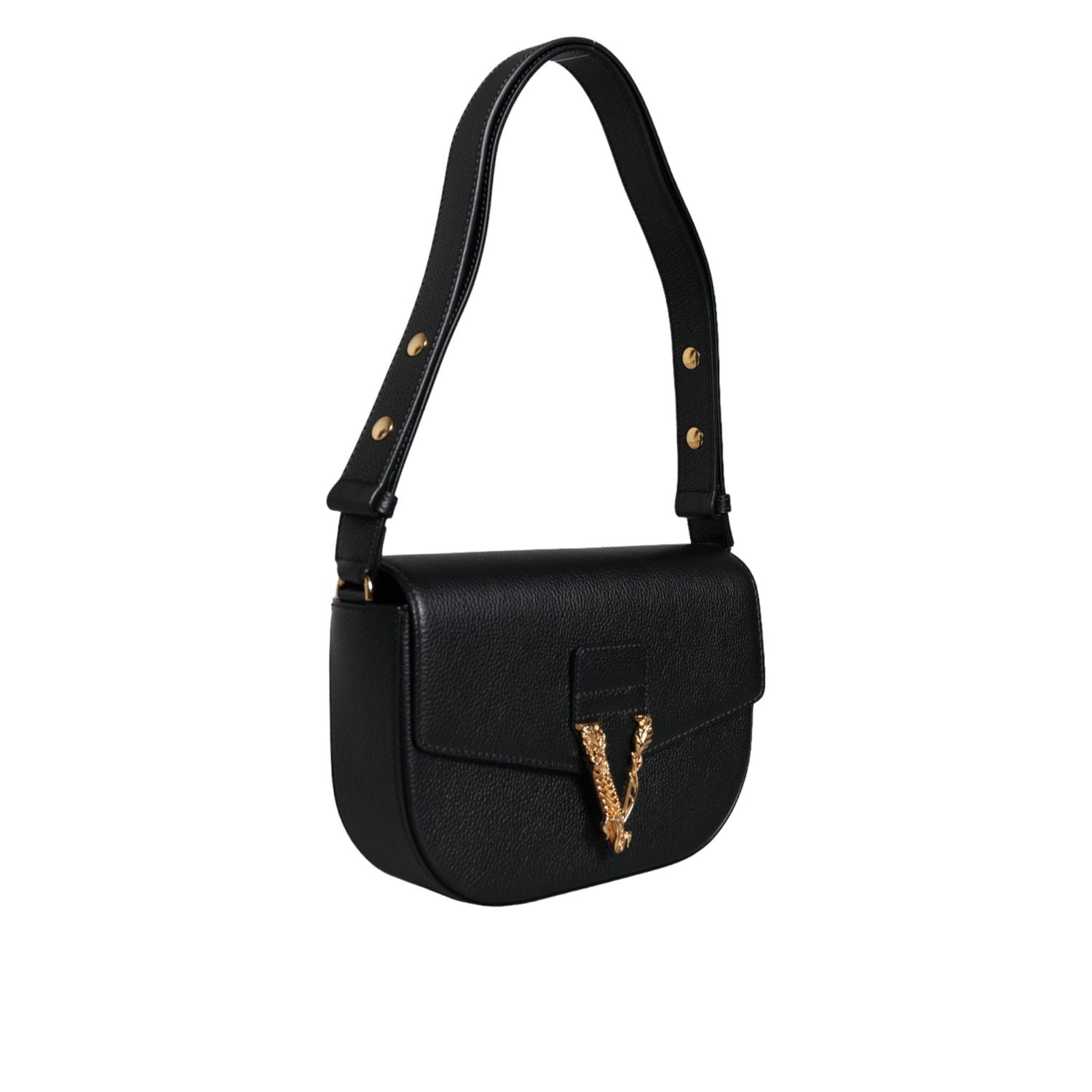Versace Black Grainy Calf Leather Logo Crossbody Shoulder Bag