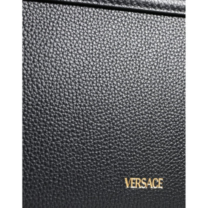 Versace Black Grainy Calf Leather Logo Crossbody Shoulder Bag