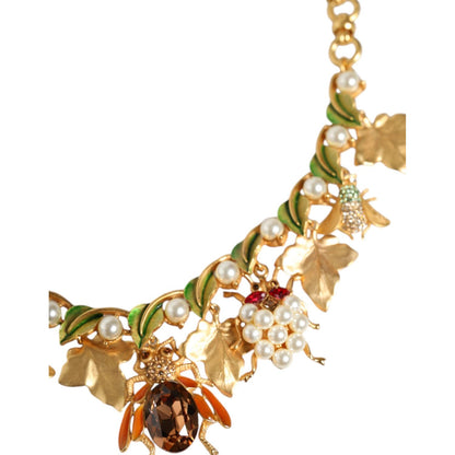 Dolce & Gabbana Gold Brass Crystal Bug Charm Pendant Statement Necklace