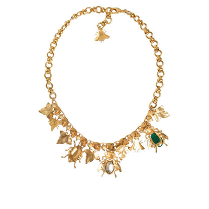 Dolce & Gabbana Gold Brass Crystal Bug Charm Pendant Statement Necklace