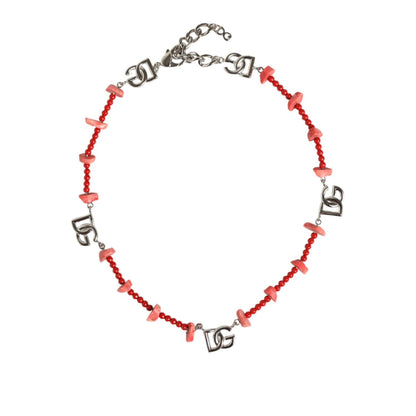 Dolce & Gabbana Silver Tone Brass Beaded Resin DG Logo Chain Necklace