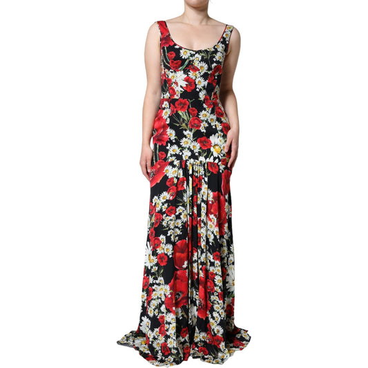 Dolce & Gabbana Black Floral Silk Sleeveless Long Gown Dress Dolce & Gabbana Gray