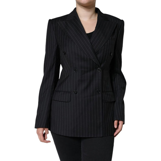 Dolce & Gabbana Black Striped Double Breasted Coat Jacket Dolce & Gabbana Black