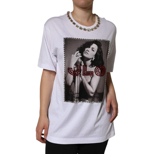 Dolce & Gabbana White Crystal Neckline Embellished Printed T-shirt TSH84252-36